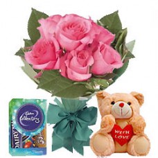 Pink Rose Hand Bunch, Small Teddy and Mini Cadbury Celebration